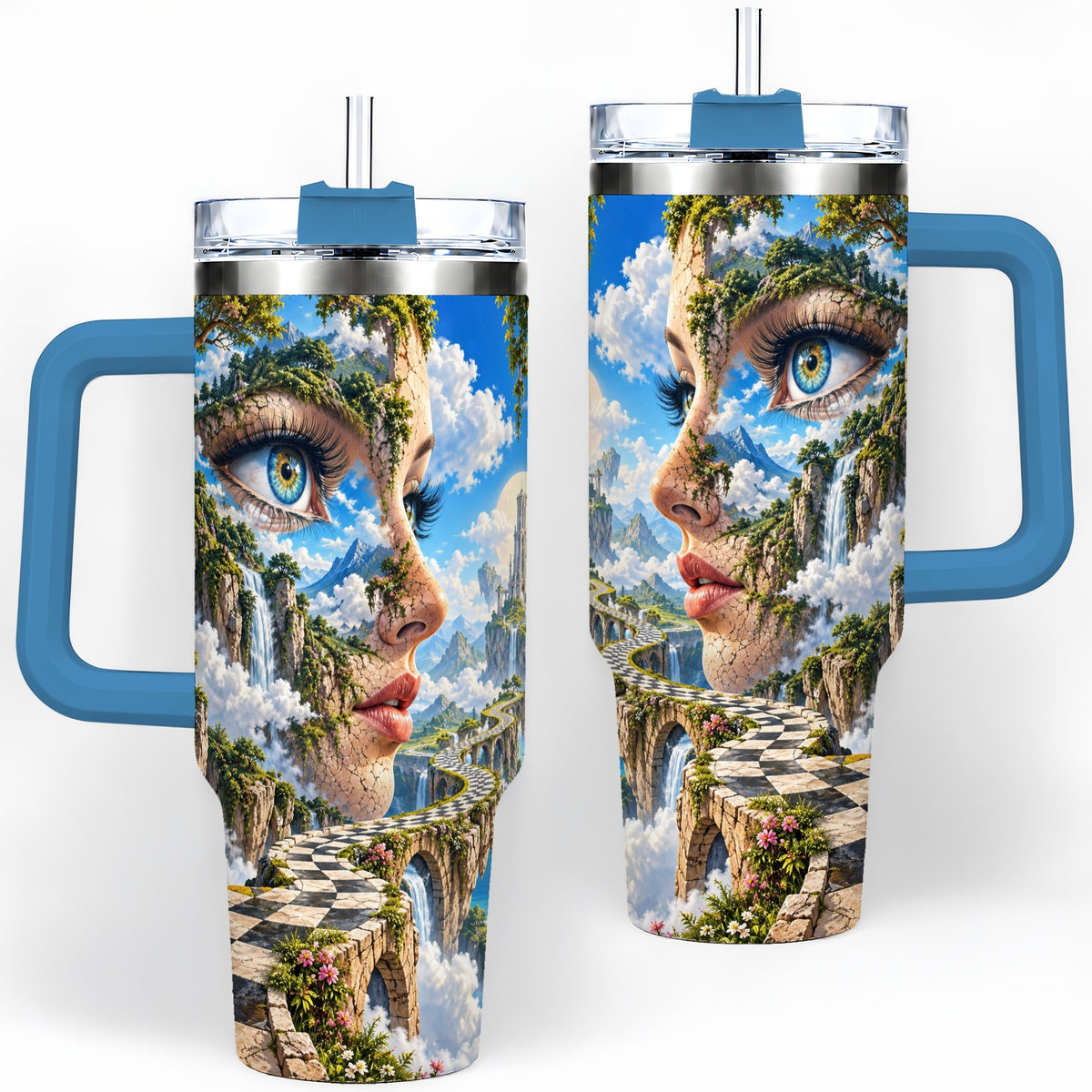 #pl[40oz|Blue] Surreal Fantasy Face 40oz Tumbler, Waterfall Dreamscape Drinkware