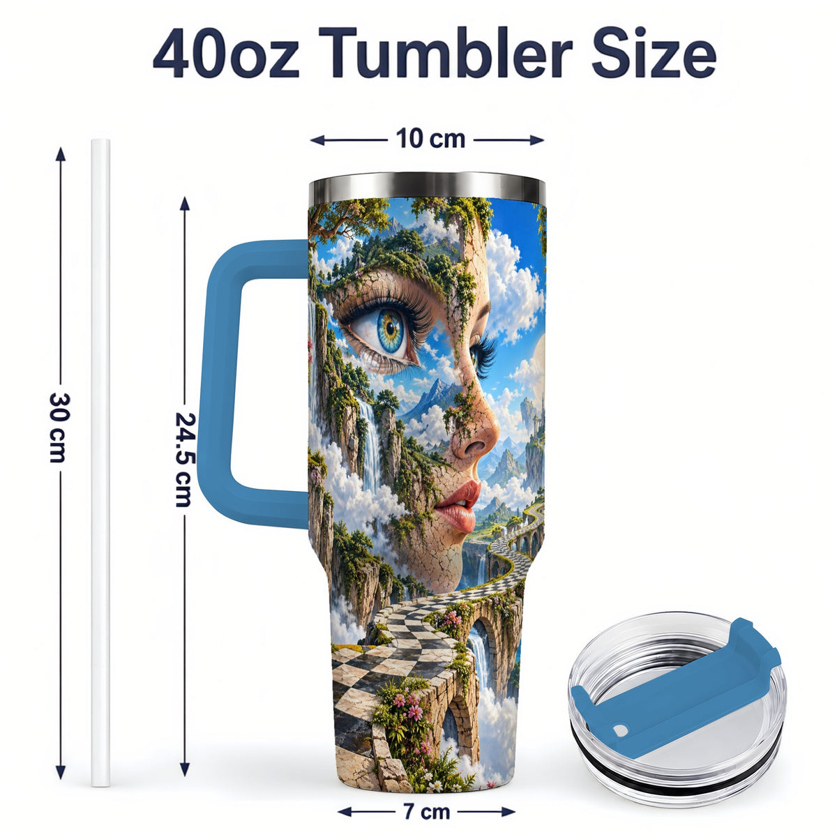 #pl[40oz|Blue] Surreal Fantasy Face 40oz Tumbler, Waterfall Dreamscape Drinkware