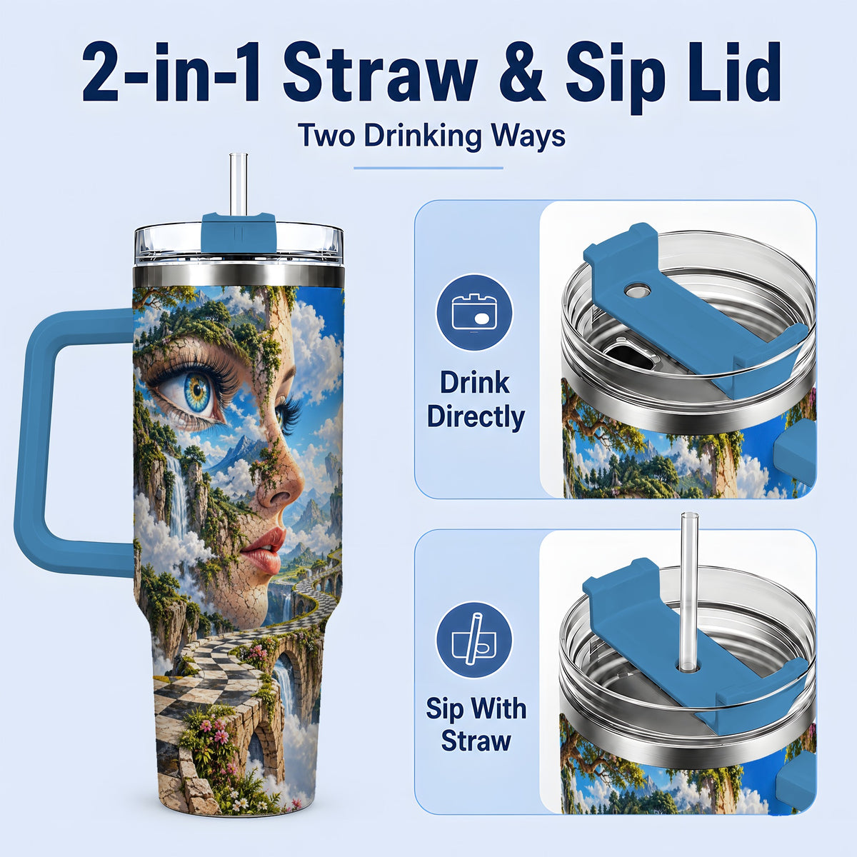 #pl[40oz|Blue] Surreal Fantasy Face 40oz Tumbler, Waterfall Dreamscape Drinkware