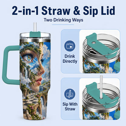 #pl[40oz|Green] Surreal Fantasy Face 40oz Tumbler, Waterfall Dreamscape Drinkware