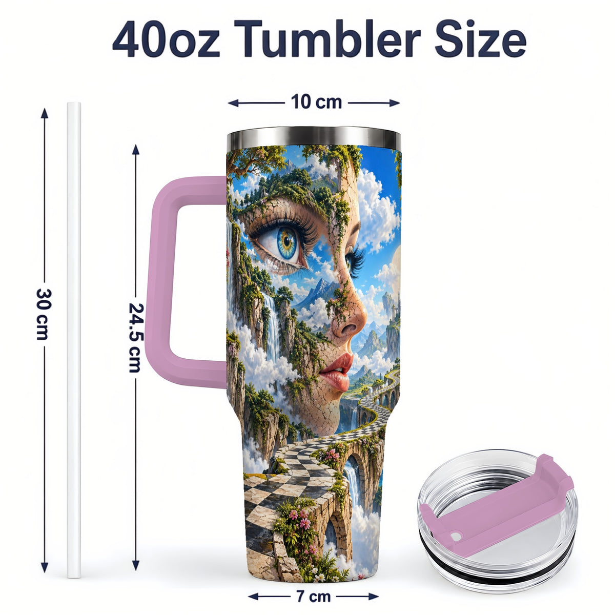 #pl[40oz|Pink] Surreal Fantasy Face 40oz Tumbler, Waterfall Dreamscape Drinkware