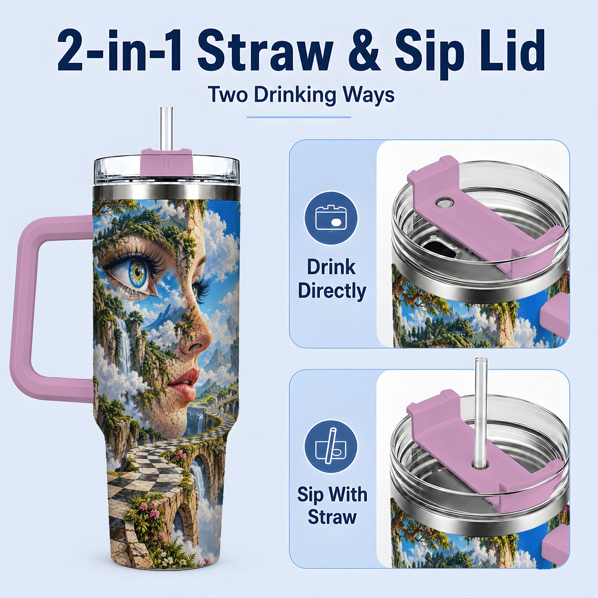 #pl[40oz|Pink] Surreal Fantasy Face 40oz Tumbler, Waterfall Dreamscape Drinkware