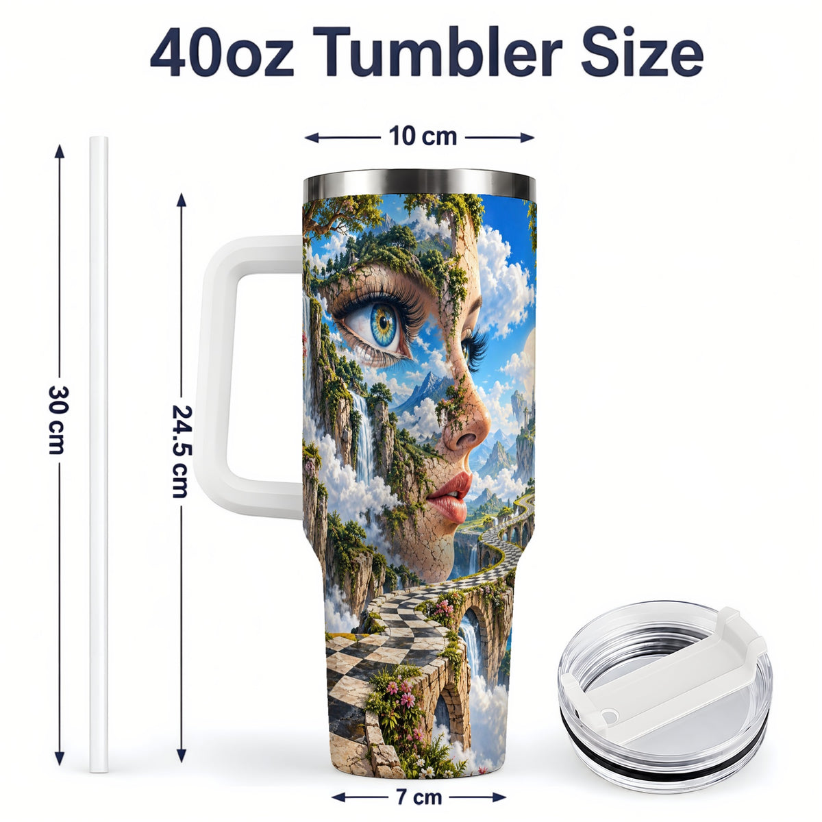 #pl[40oz|White] Surreal Fantasy Face 40oz Tumbler, Waterfall Dreamscape Drinkware