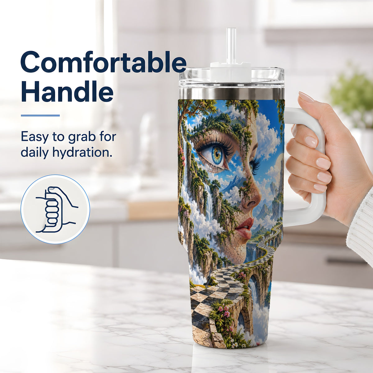 #pl[40oz|White] Surreal Fantasy Face 40oz Tumbler, Waterfall Dreamscape Drinkware
