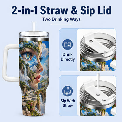 #pl[40oz|White] Surreal Fantasy Face 40oz Tumbler, Waterfall Dreamscape Drinkware