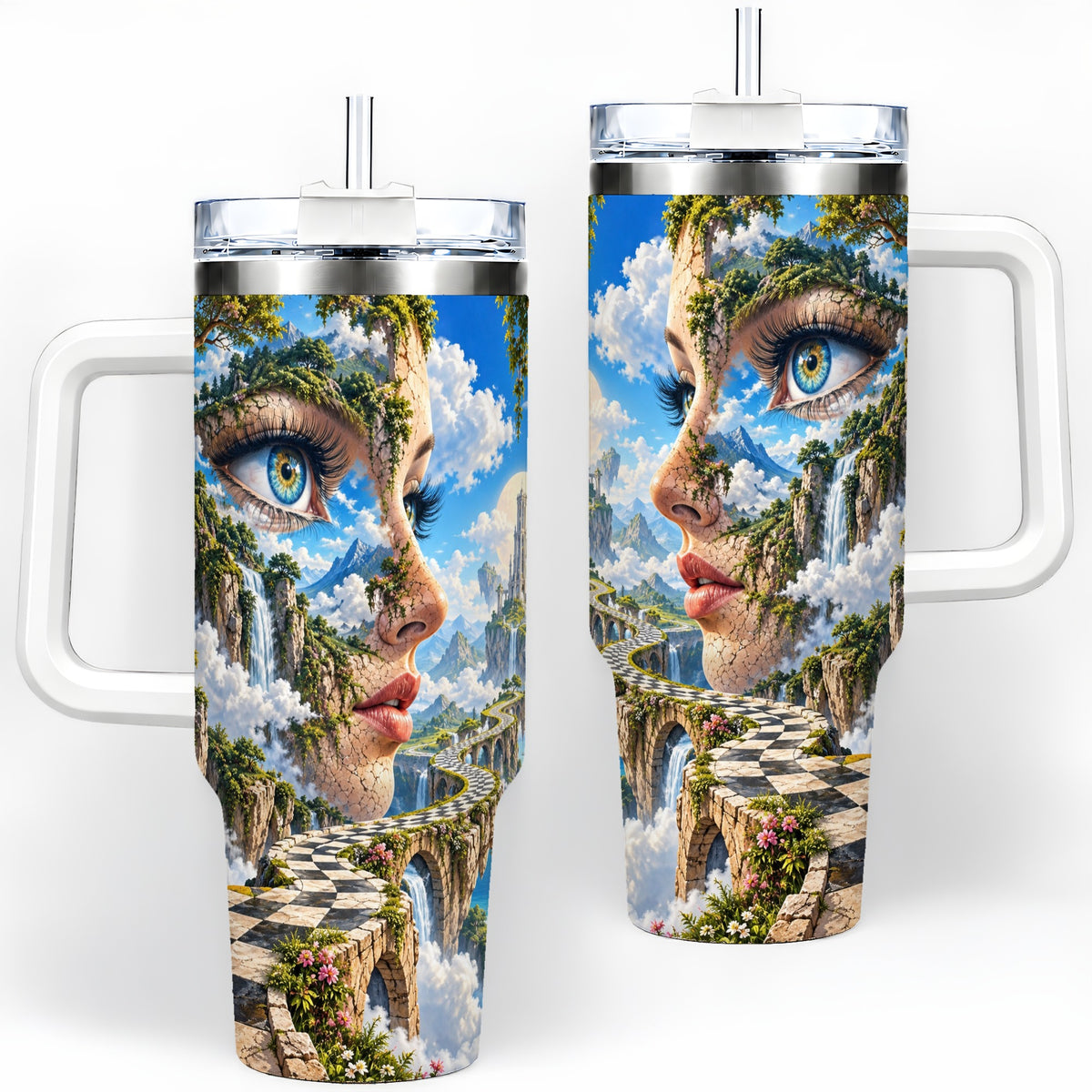 Surreal Fantasy Face 40oz Tumbler, Waterfall Dreamscape Drinkware