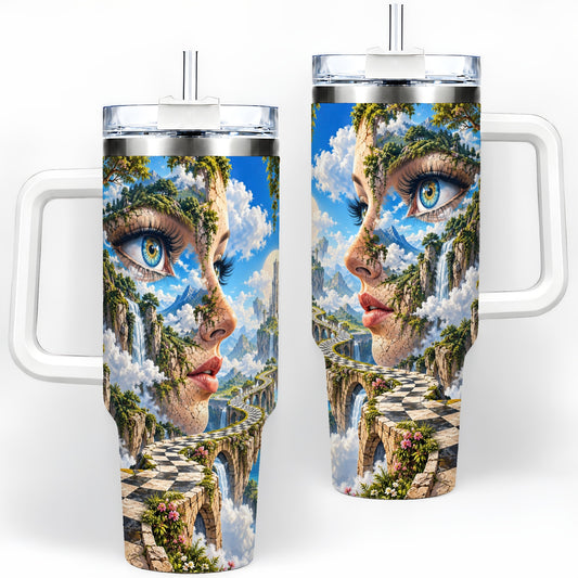 Surreal Fantasy Face 40oz Tumbler, Waterfall Dreamscape Drinkware