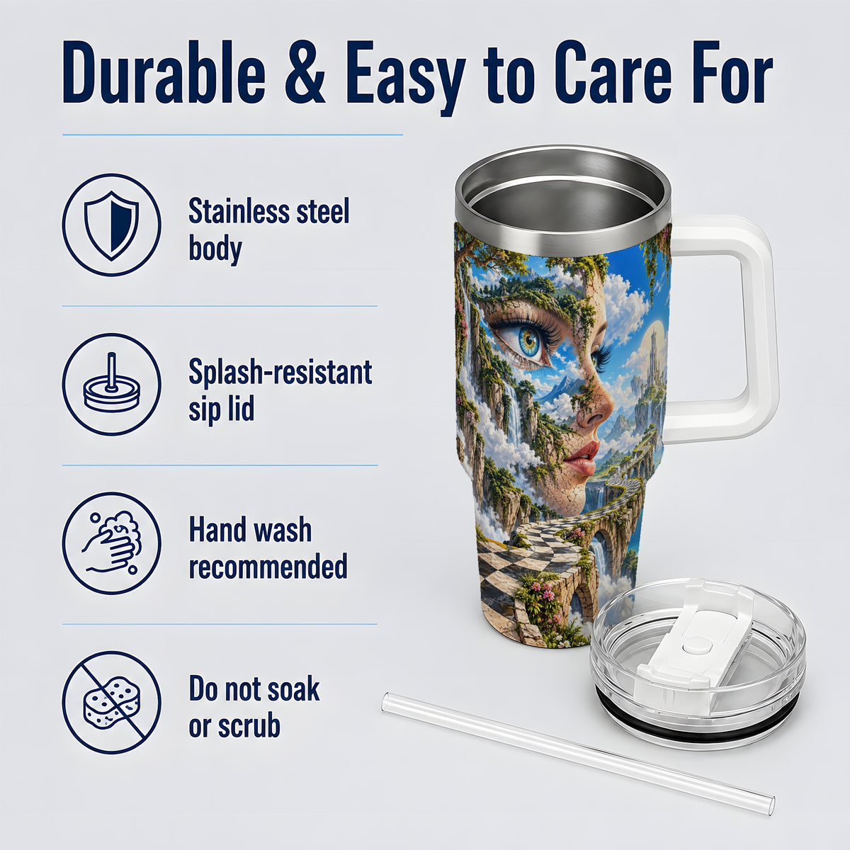 Surreal Fantasy Face 40oz Tumbler, Waterfall Dreamscape Drinkware
