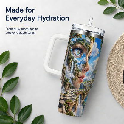 Surreal Fantasy Face 40oz Tumbler, Waterfall Dreamscape Drinkware