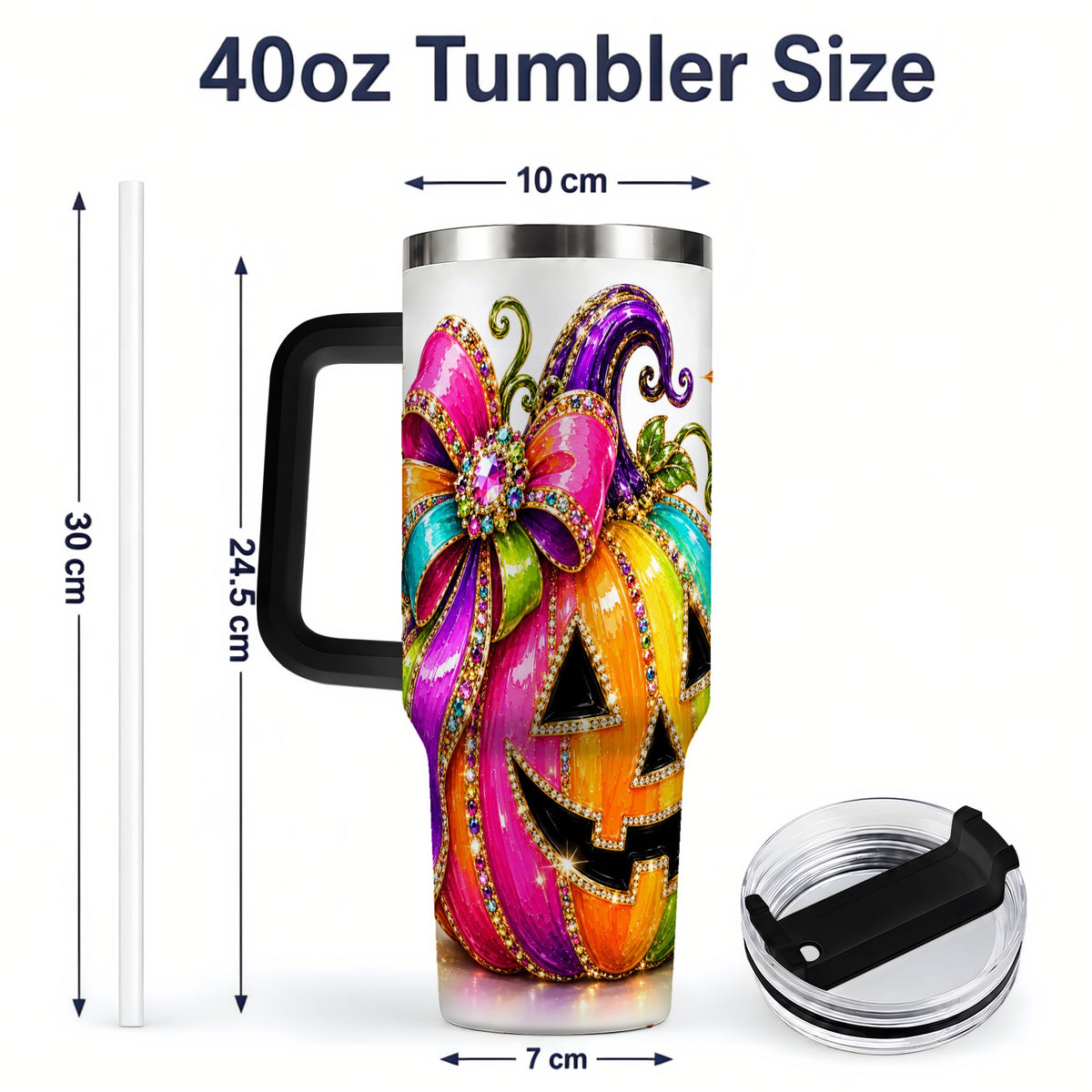 #pl[40oz|Black] Rainbow Halloween Pumpkin 40oz Tumbler, Jewel-Inspired Bow Drinkware