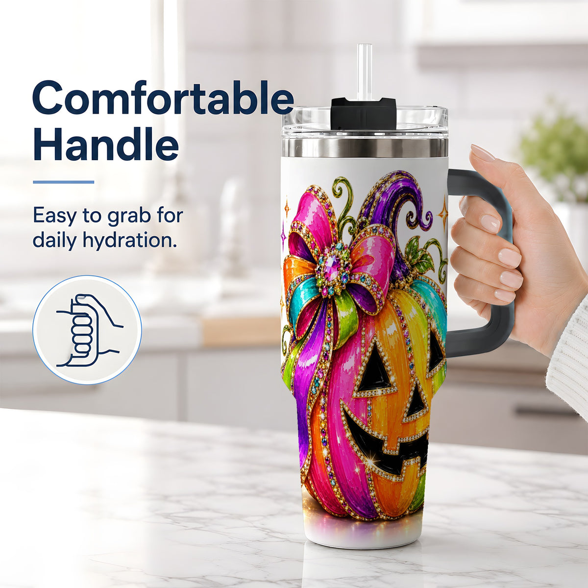 #pl[40oz|Black] Rainbow Halloween Pumpkin 40oz Tumbler, Jewel-Inspired Bow Drinkware
