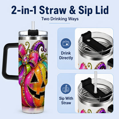 #pl[40oz|Black] Rainbow Halloween Pumpkin 40oz Tumbler, Jewel-Inspired Bow Drinkware