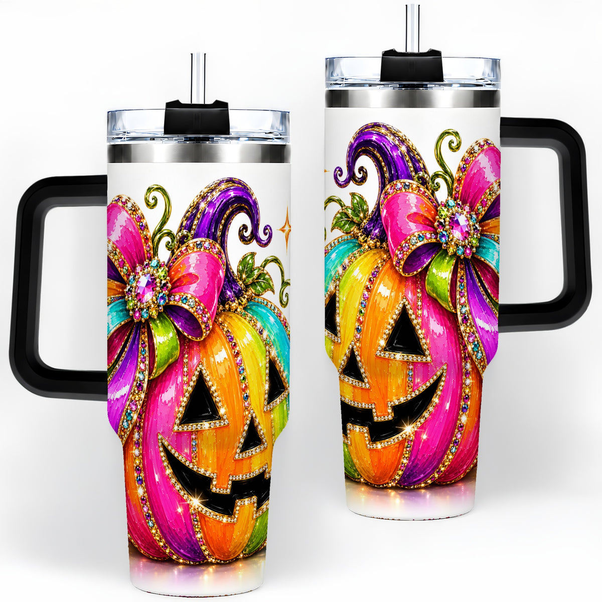 #pl[40oz|Black] Rainbow Halloween Pumpkin 40oz Tumbler, Jewel-Inspired Bow Drinkware