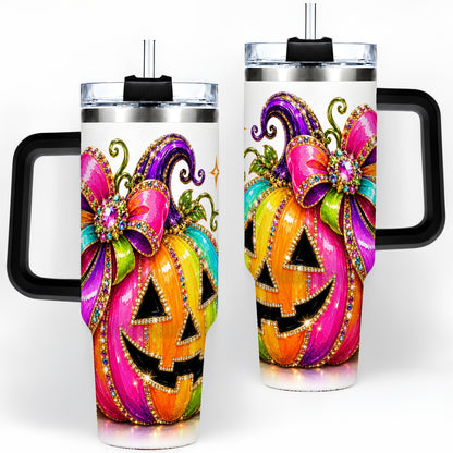 #pl[40oz|Black] Rainbow Halloween Pumpkin 40oz Tumbler, Jewel-Inspired Bow Drinkware