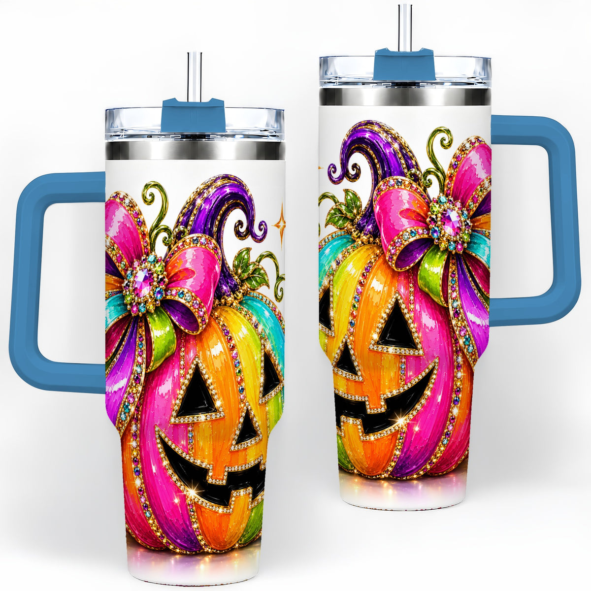 #pl[40oz|Blue] Rainbow Halloween Pumpkin 40oz Tumbler, Jewel-Inspired Bow Drinkware