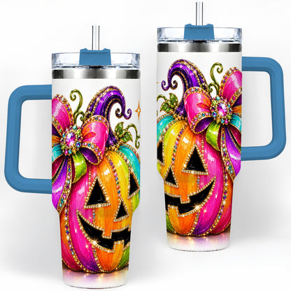 #pl[40oz|Blue] Rainbow Halloween Pumpkin 40oz Tumbler, Jewel-Inspired Bow Drinkware
