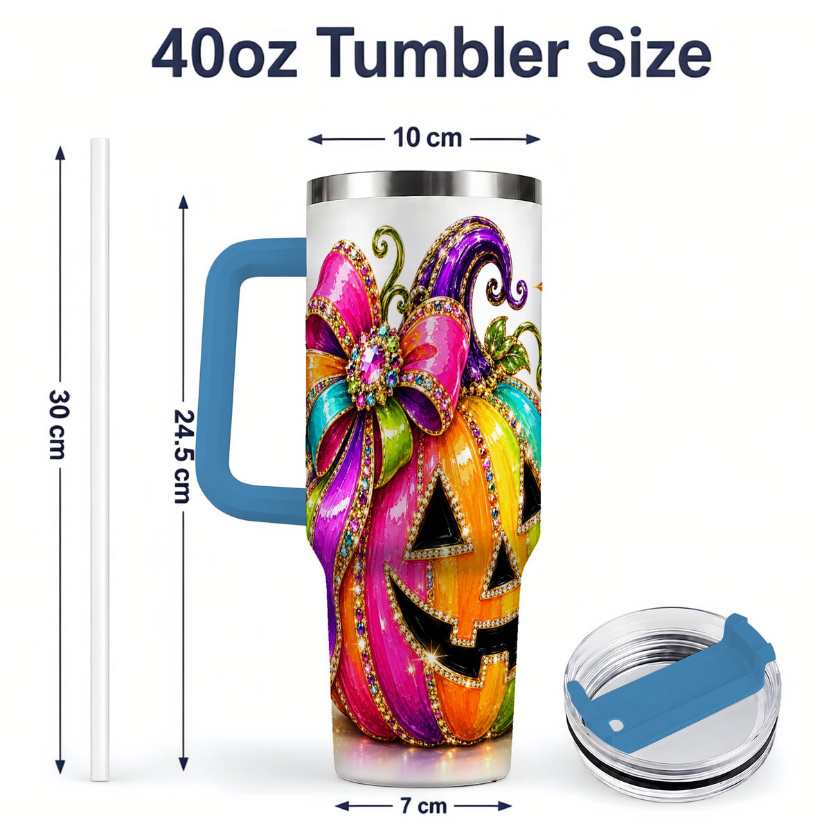 #pl[40oz|Blue] Rainbow Halloween Pumpkin 40oz Tumbler, Jewel-Inspired Bow Drinkware