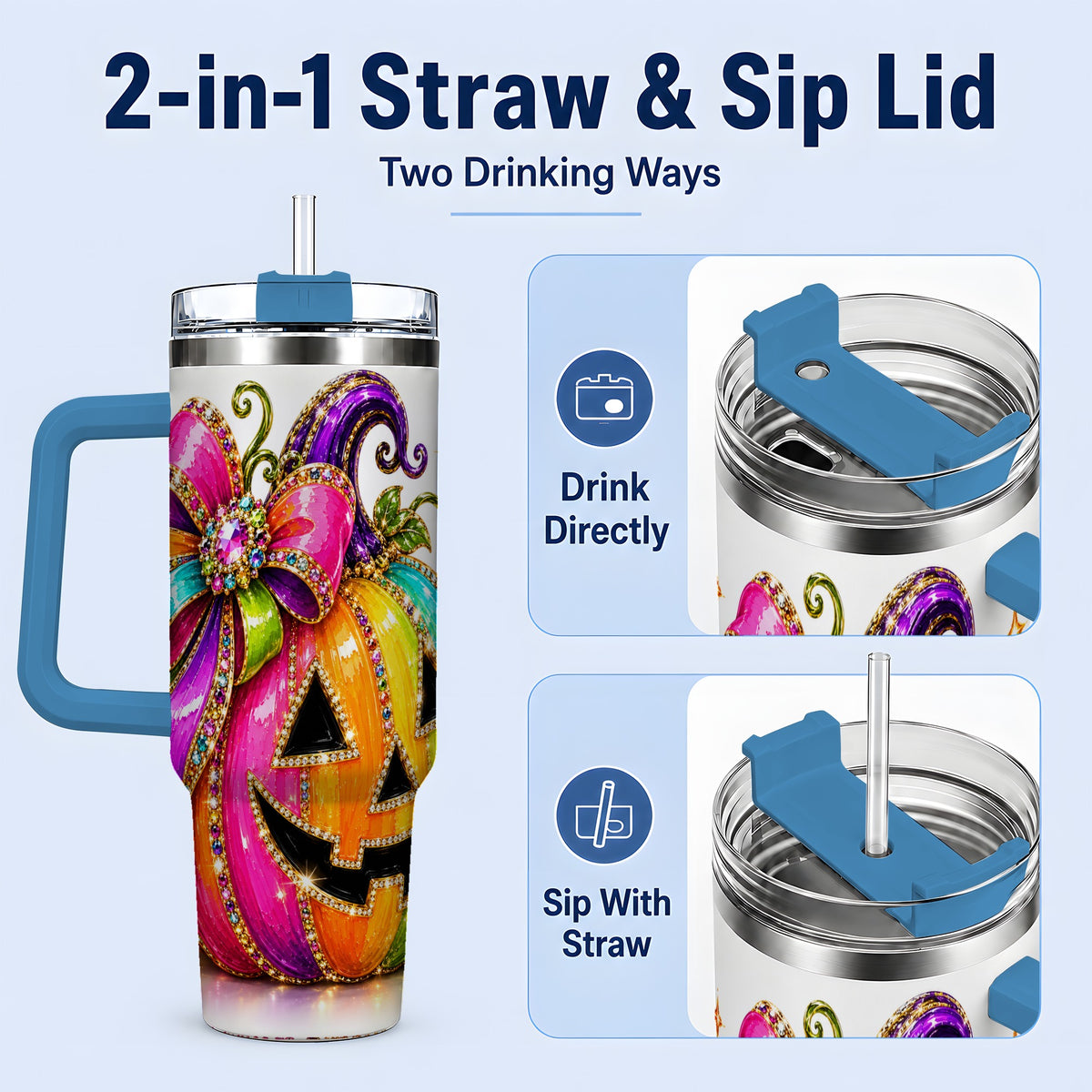 #pl[40oz|Blue] Rainbow Halloween Pumpkin 40oz Tumbler, Jewel-Inspired Bow Drinkware