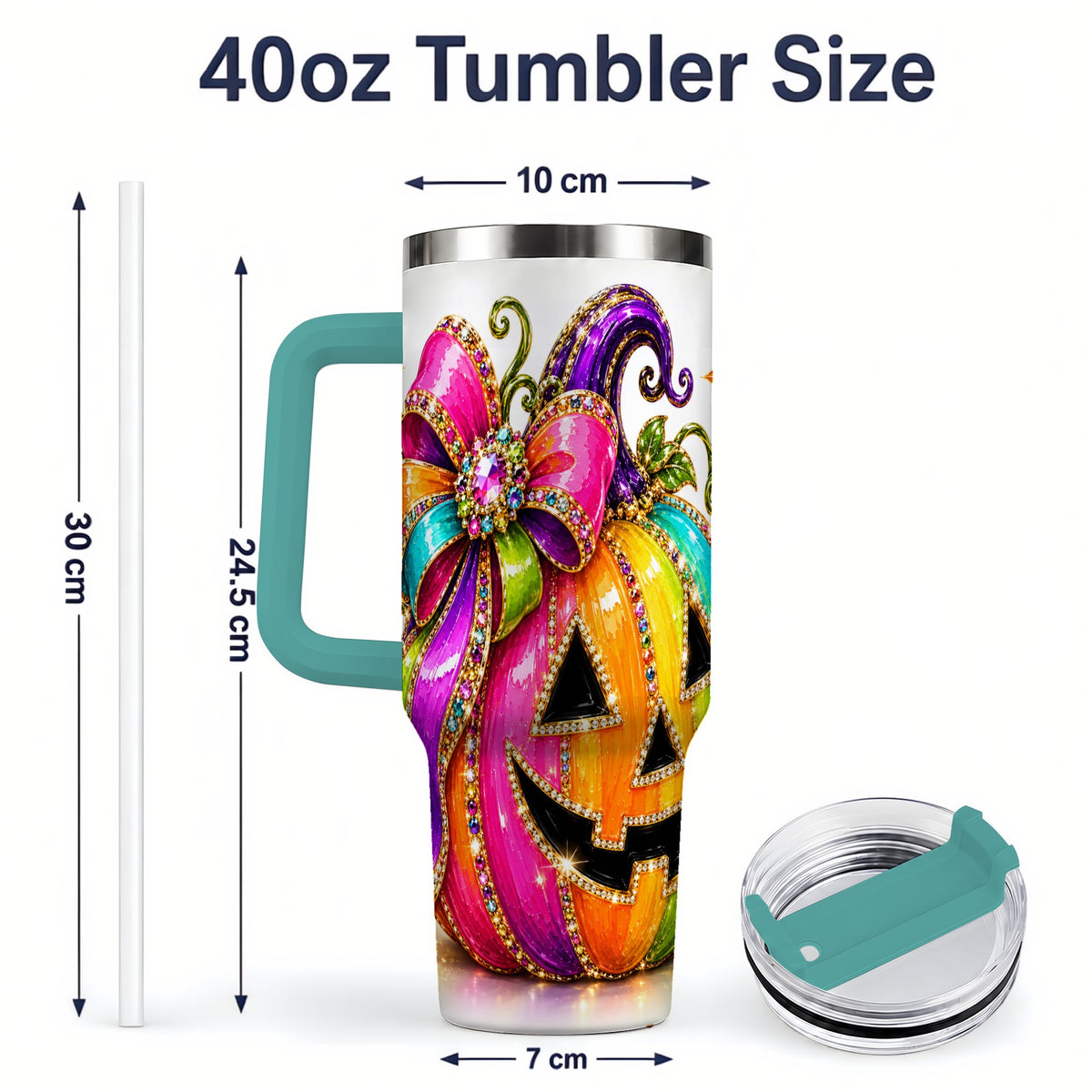 #pl[40oz|Green] Rainbow Halloween Pumpkin 40oz Tumbler, Jewel-Inspired Bow Drinkware