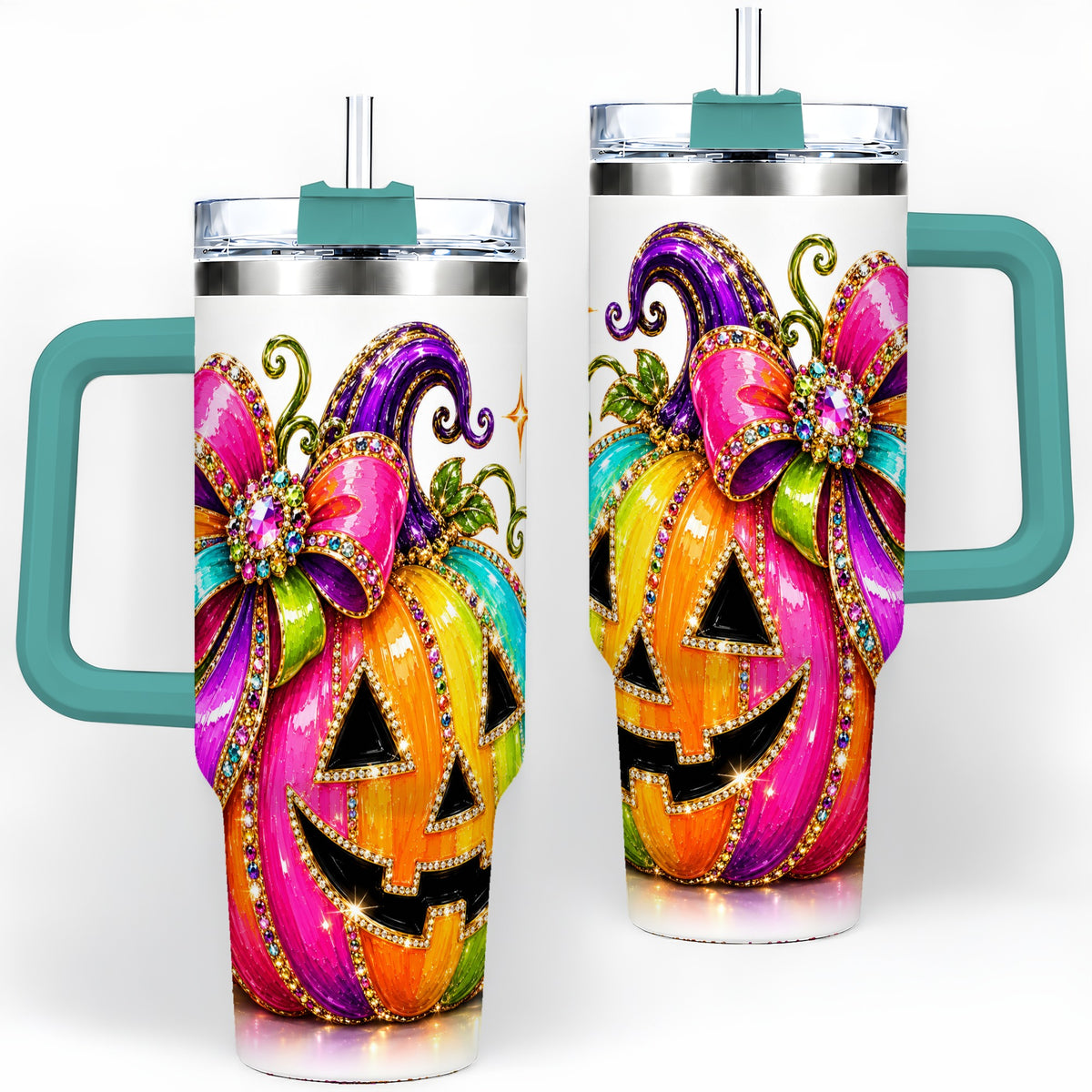 #pl[40oz|Green] Rainbow Halloween Pumpkin 40oz Tumbler, Jewel-Inspired Bow Drinkware