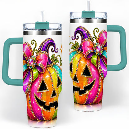 #pl[40oz|Green] Rainbow Halloween Pumpkin 40oz Tumbler, Jewel-Inspired Bow Drinkware