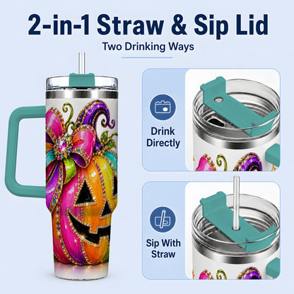 #pl[40oz|Green] Rainbow Halloween Pumpkin 40oz Tumbler, Jewel-Inspired Bow Drinkware
