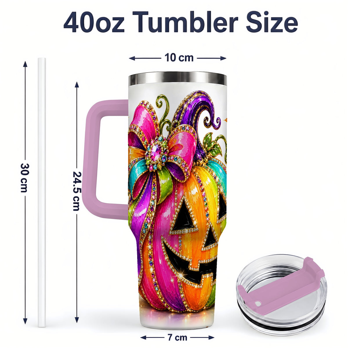 #pl[40oz|Pink] Rainbow Halloween Pumpkin 40oz Tumbler, Jewel-Inspired Bow Drinkware
