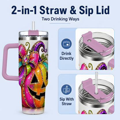 #pl[40oz|Pink] Rainbow Halloween Pumpkin 40oz Tumbler, Jewel-Inspired Bow Drinkware
