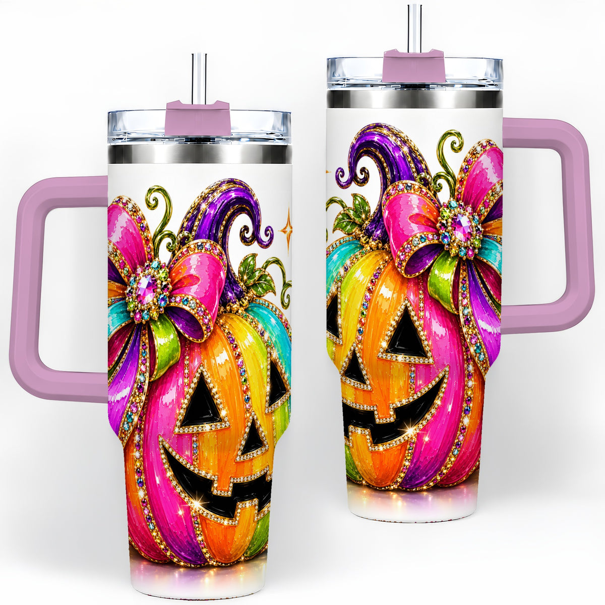 #pl[40oz|Pink] Rainbow Halloween Pumpkin 40oz Tumbler, Jewel-Inspired Bow Drinkware