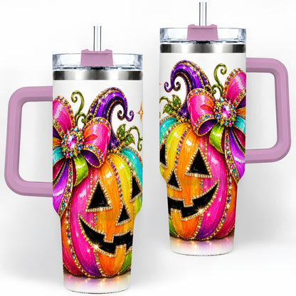 #pl[40oz|Pink] Rainbow Halloween Pumpkin 40oz Tumbler, Jewel-Inspired Bow Drinkware