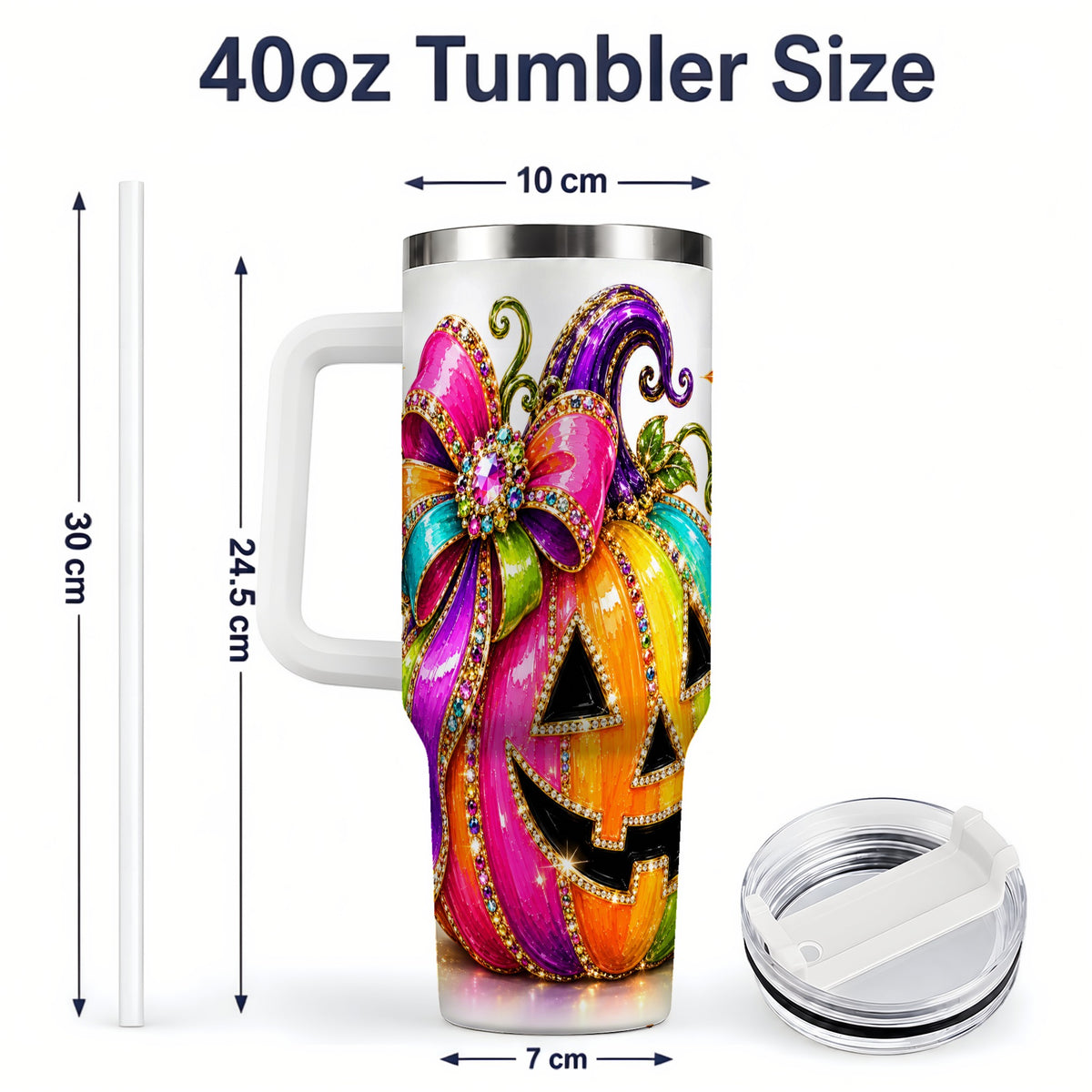 #pl[40oz|White] Rainbow Halloween Pumpkin 40oz Tumbler, Jewel-Inspired Bow Drinkware