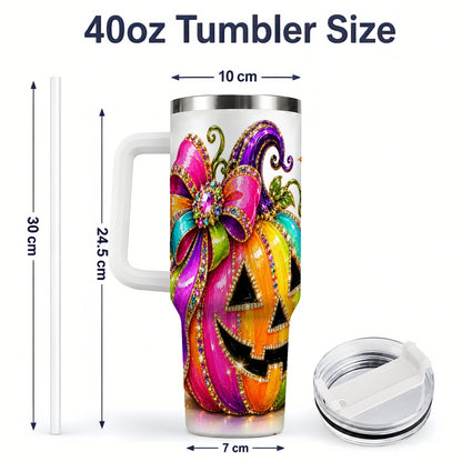 #pl[40oz|White] Rainbow Halloween Pumpkin 40oz Tumbler, Jewel-Inspired Bow Drinkware