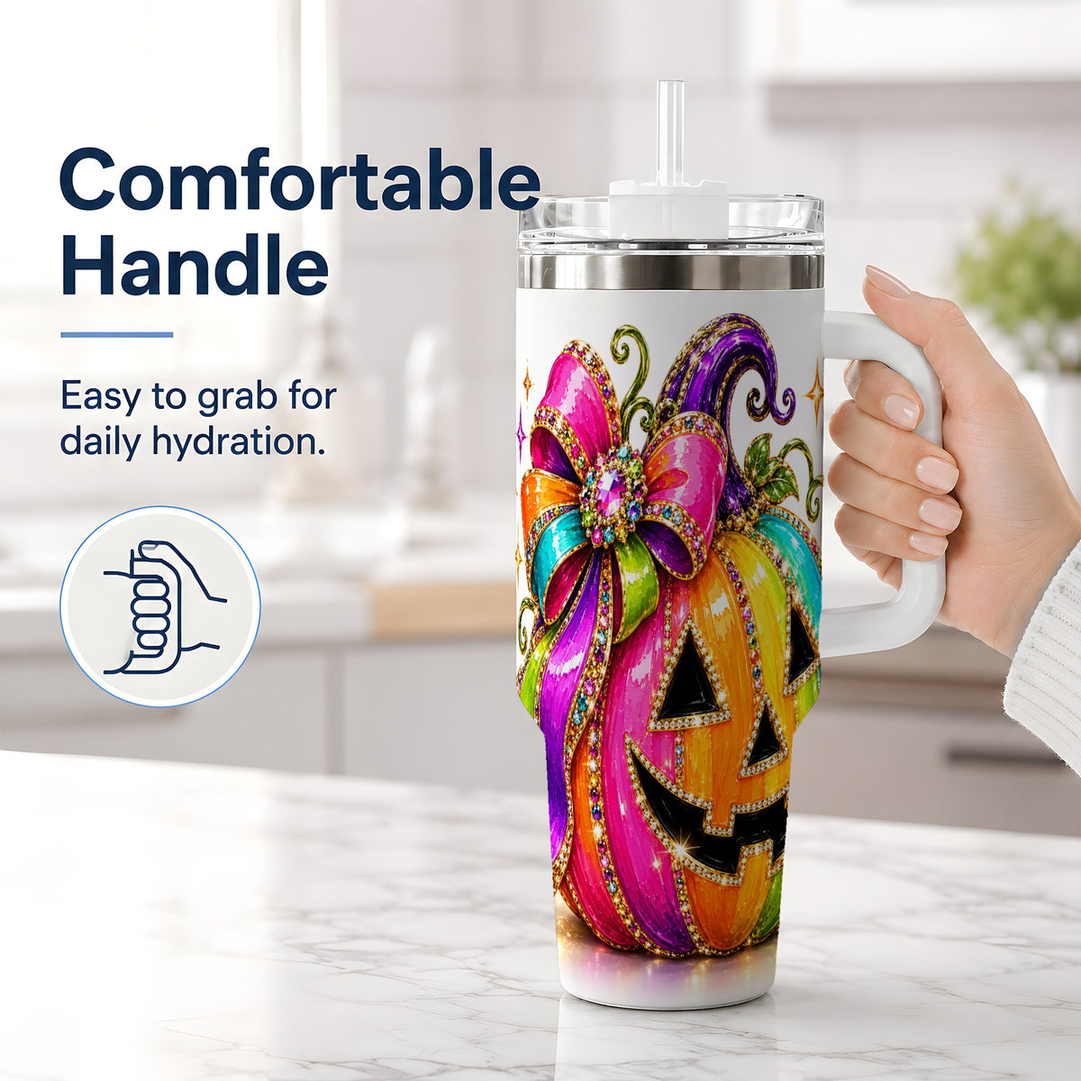 #pl[40oz|White] Rainbow Halloween Pumpkin 40oz Tumbler, Jewel-Inspired Bow Drinkware