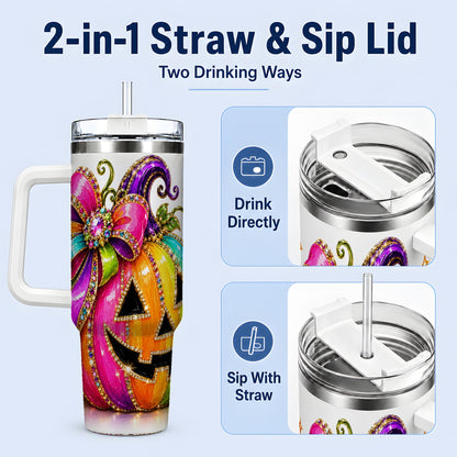 #pl[40oz|White] Rainbow Halloween Pumpkin 40oz Tumbler, Jewel-Inspired Bow Drinkware