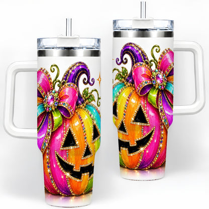 Rainbow Halloween Pumpkin 40oz Tumbler, Jewel-Inspired Bow Drinkware