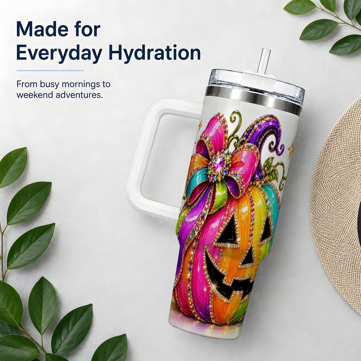 Rainbow Halloween Pumpkin 40oz Tumbler, Jewel-Inspired Bow Drinkware