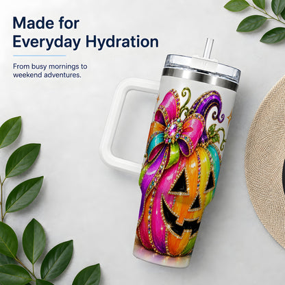 Rainbow Halloween Pumpkin 40oz Tumbler, Jewel-Inspired Bow Drinkware