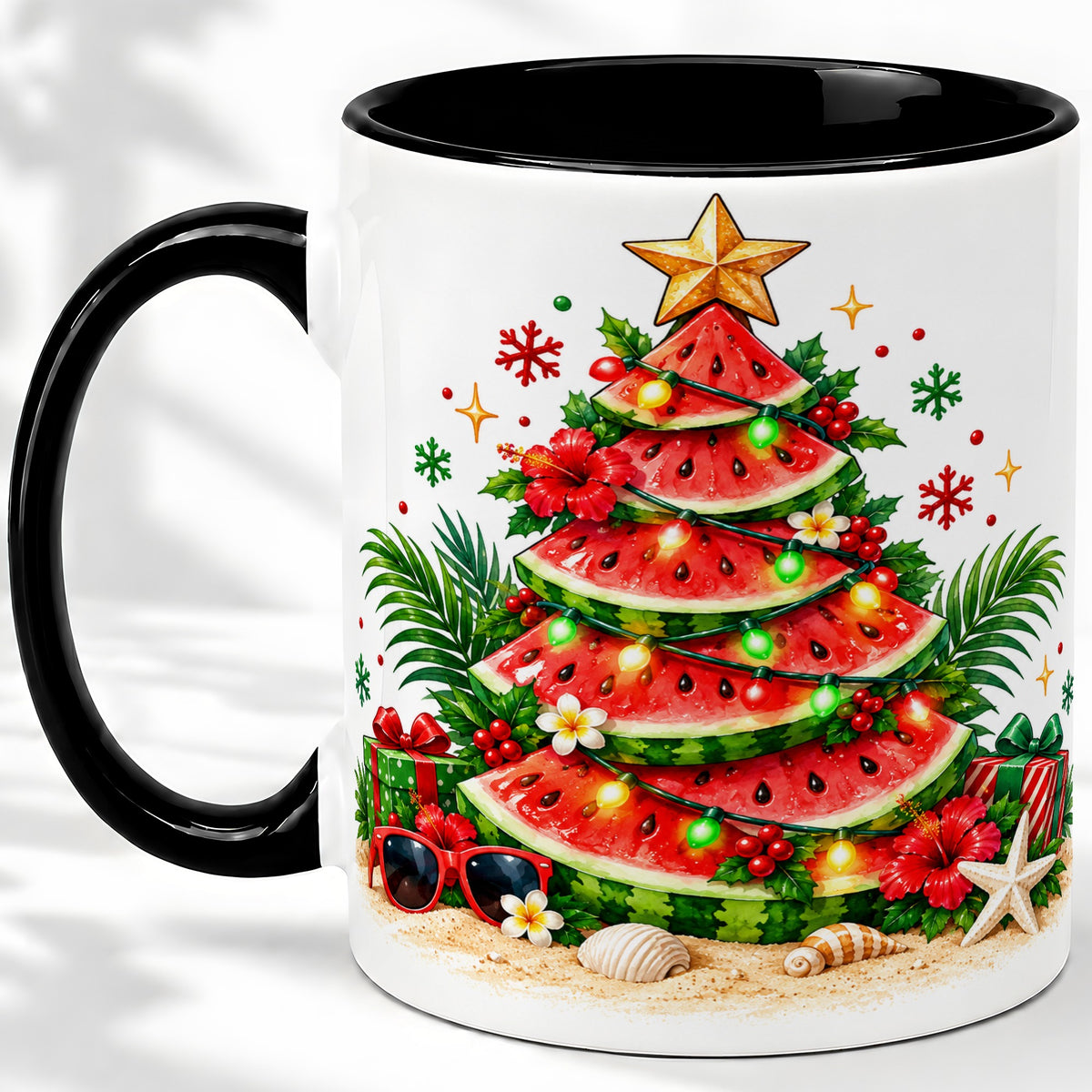 #pl[11oz|Black] Tropical Watermelon Christmas Ceramic Mug with Beach Artwork