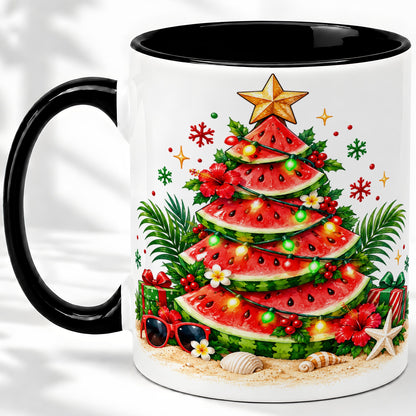#pl[11oz|Black] Tropical Watermelon Christmas Ceramic Mug with Beach Artwork