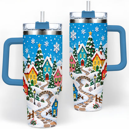#pl[40oz|Blue] Christmas Village 40oz Tumbler, Colorful Snowy Winter Scene Drinkware