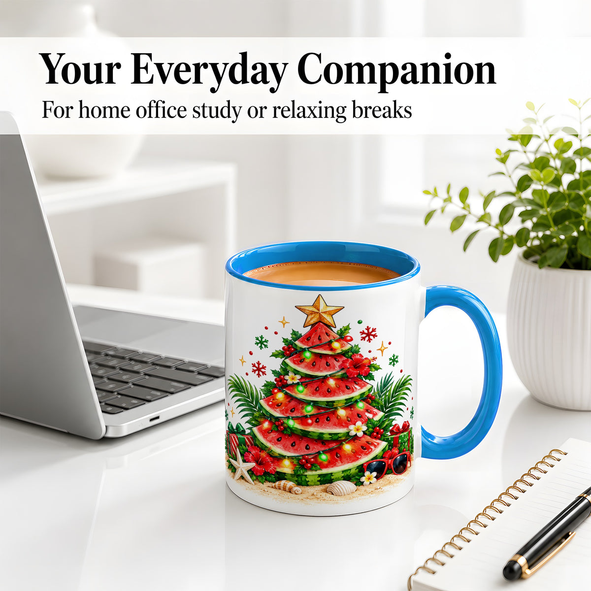 #pl[11oz|Blue] Tropical Watermelon Christmas Ceramic Mug with Beach Artwork
