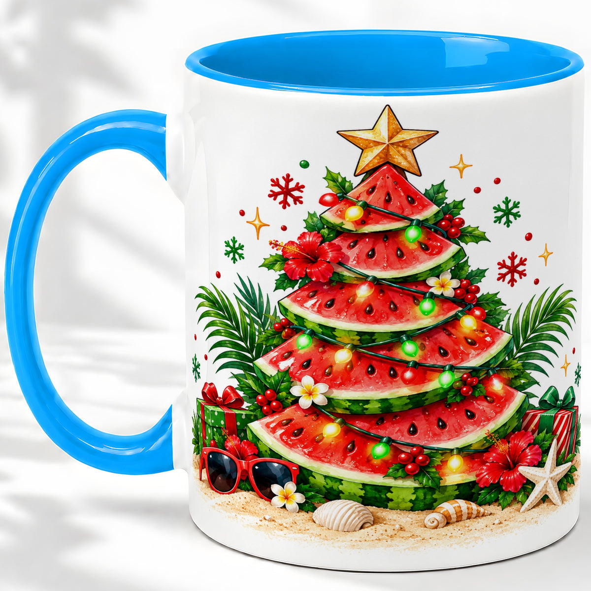 #pl[11oz|Blue] Tropical Watermelon Christmas Ceramic Mug with Beach Artwork