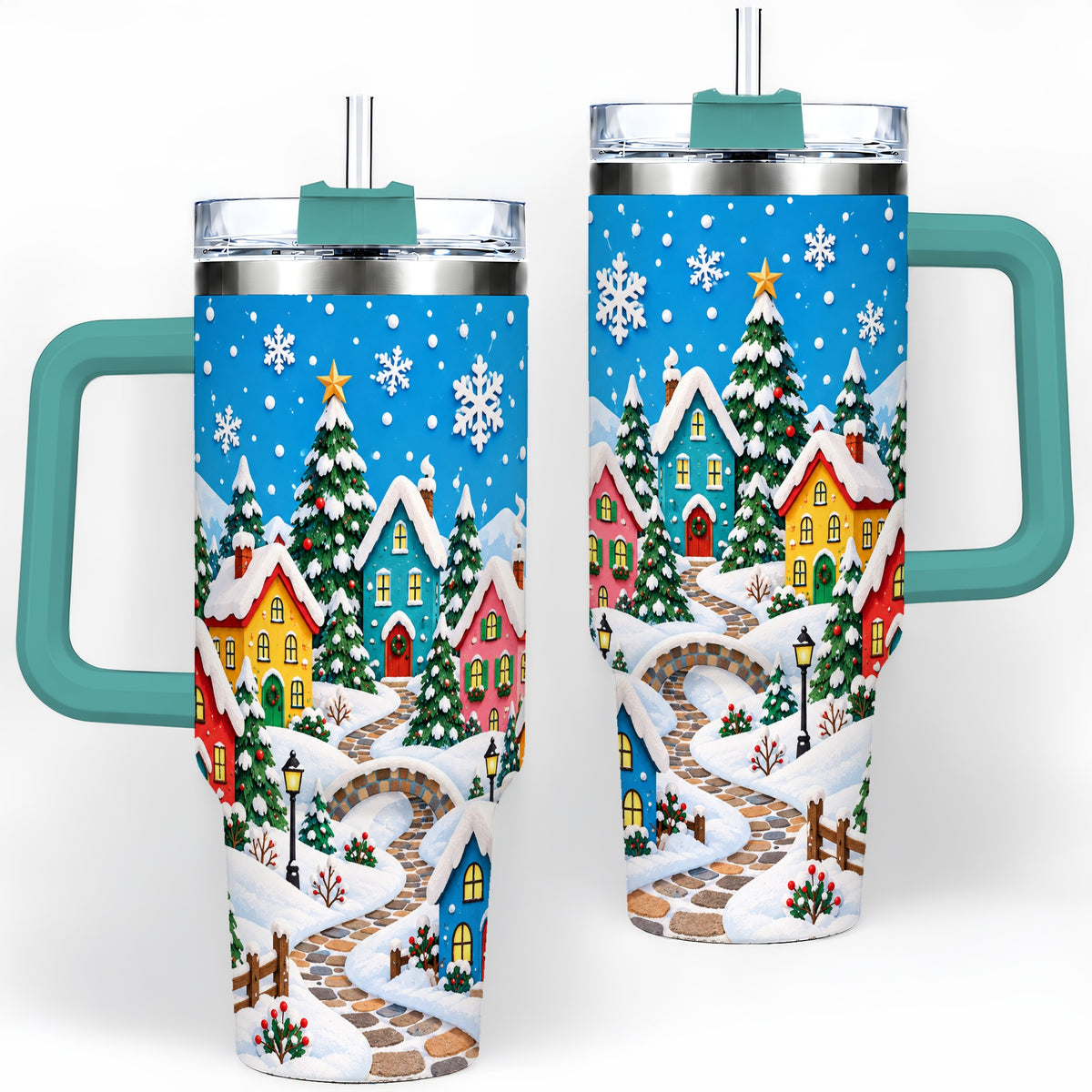 #pl[40oz|Green] Christmas Village 40oz Tumbler, Colorful Snowy Winter Scene Drinkware