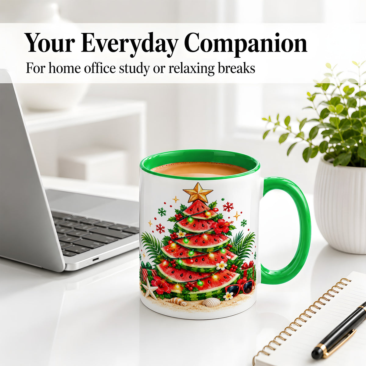 #pl[11oz|Green] Tropical Watermelon Christmas Ceramic Mug with Beach Artwork