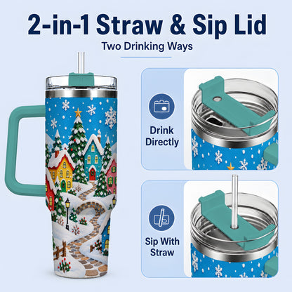 #pl[40oz|Green] Christmas Village 40oz Tumbler, Colorful Snowy Winter Scene Drinkware