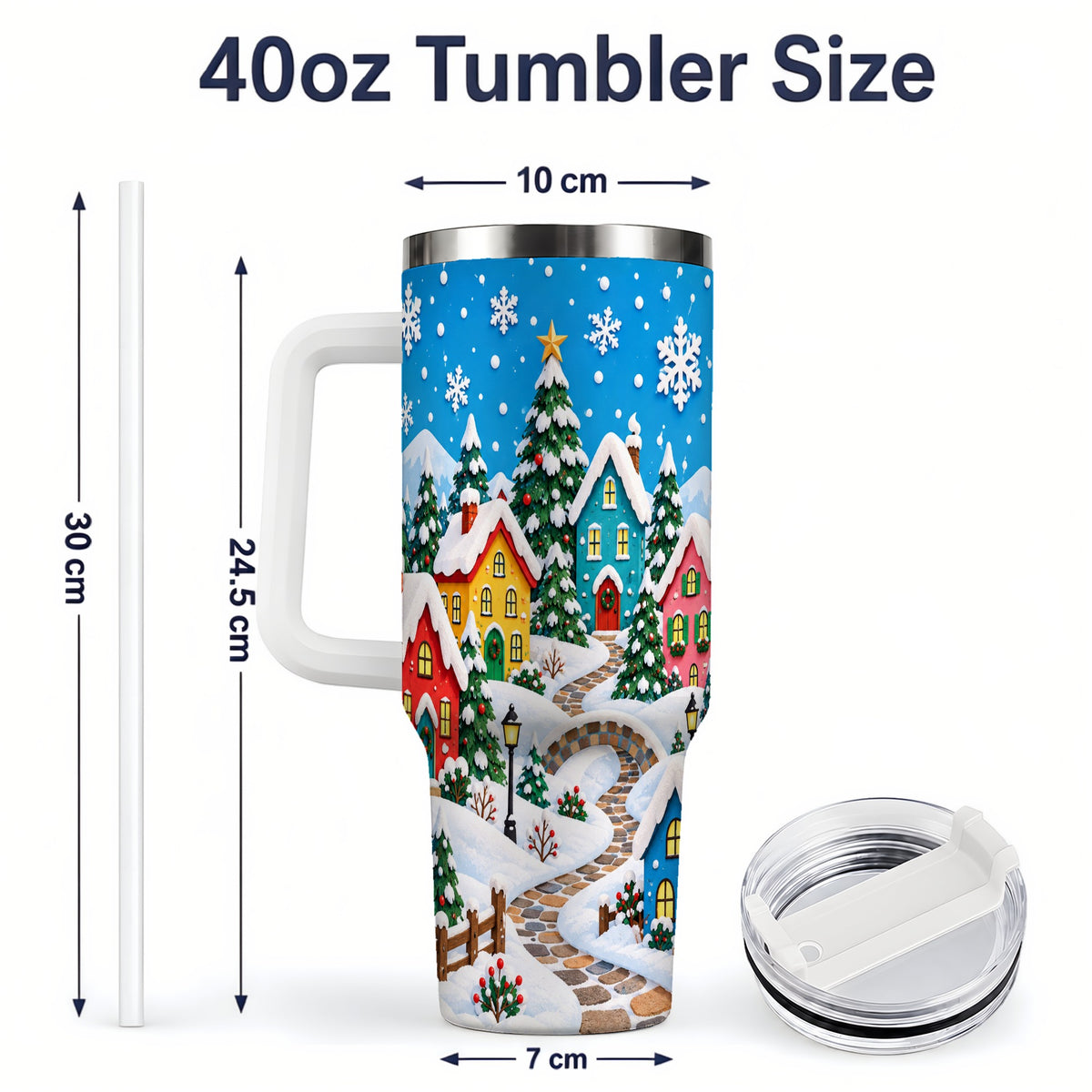 #pl[40oz|White] Christmas Village 40oz Tumbler, Colorful Snowy Winter Scene Drinkware