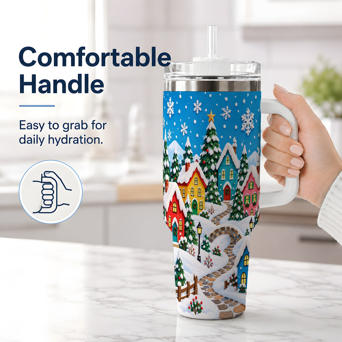 #pl[40oz|White] Christmas Village 40oz Tumbler, Colorful Snowy Winter Scene Drinkware