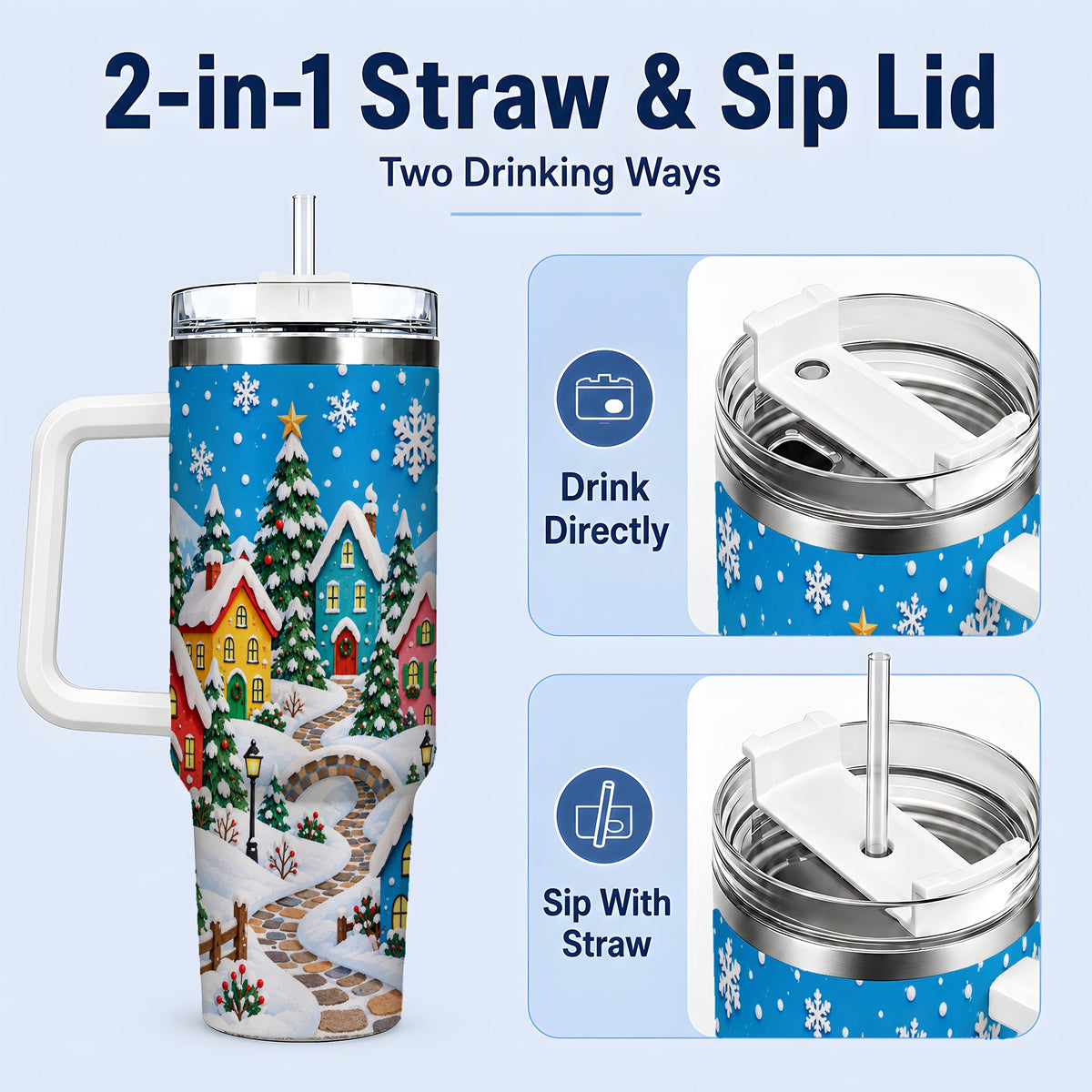 #pl[40oz|White] Christmas Village 40oz Tumbler, Colorful Snowy Winter Scene Drinkware