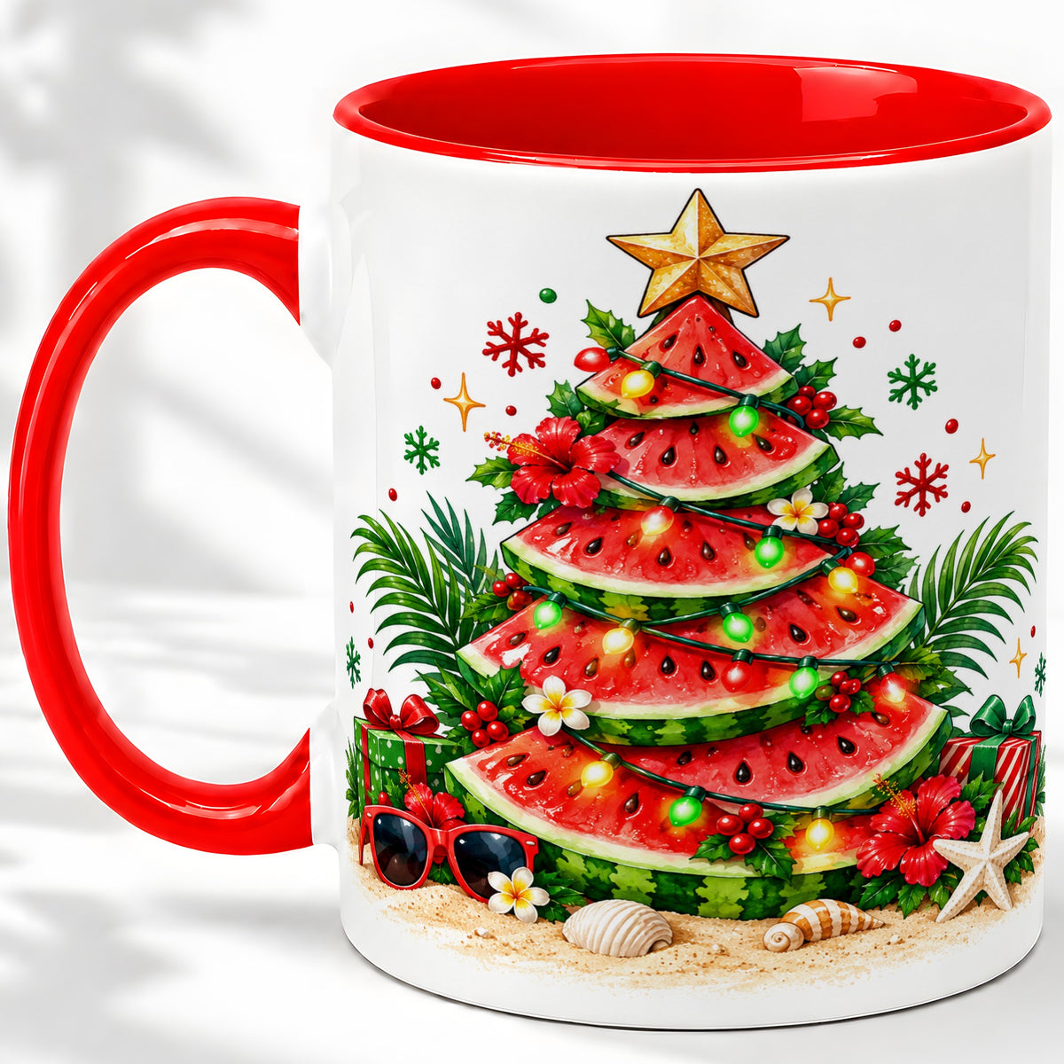 Tropical Watermelon Christmas Ceramic Mug with Beach Artwork