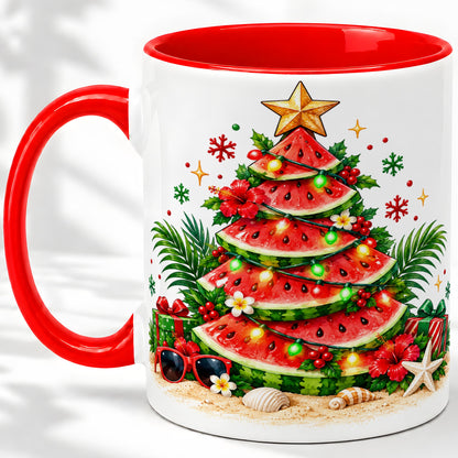 Tropical Watermelon Christmas Ceramic Mug with Beach Artwork